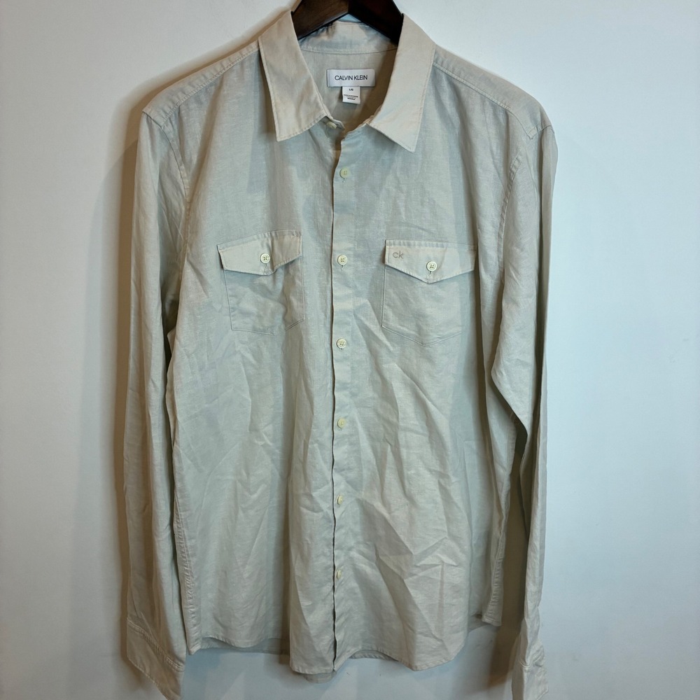 Calvin Klein Mens Large Beige Linen Blend Long Sleeve Button Down Utility Shirt